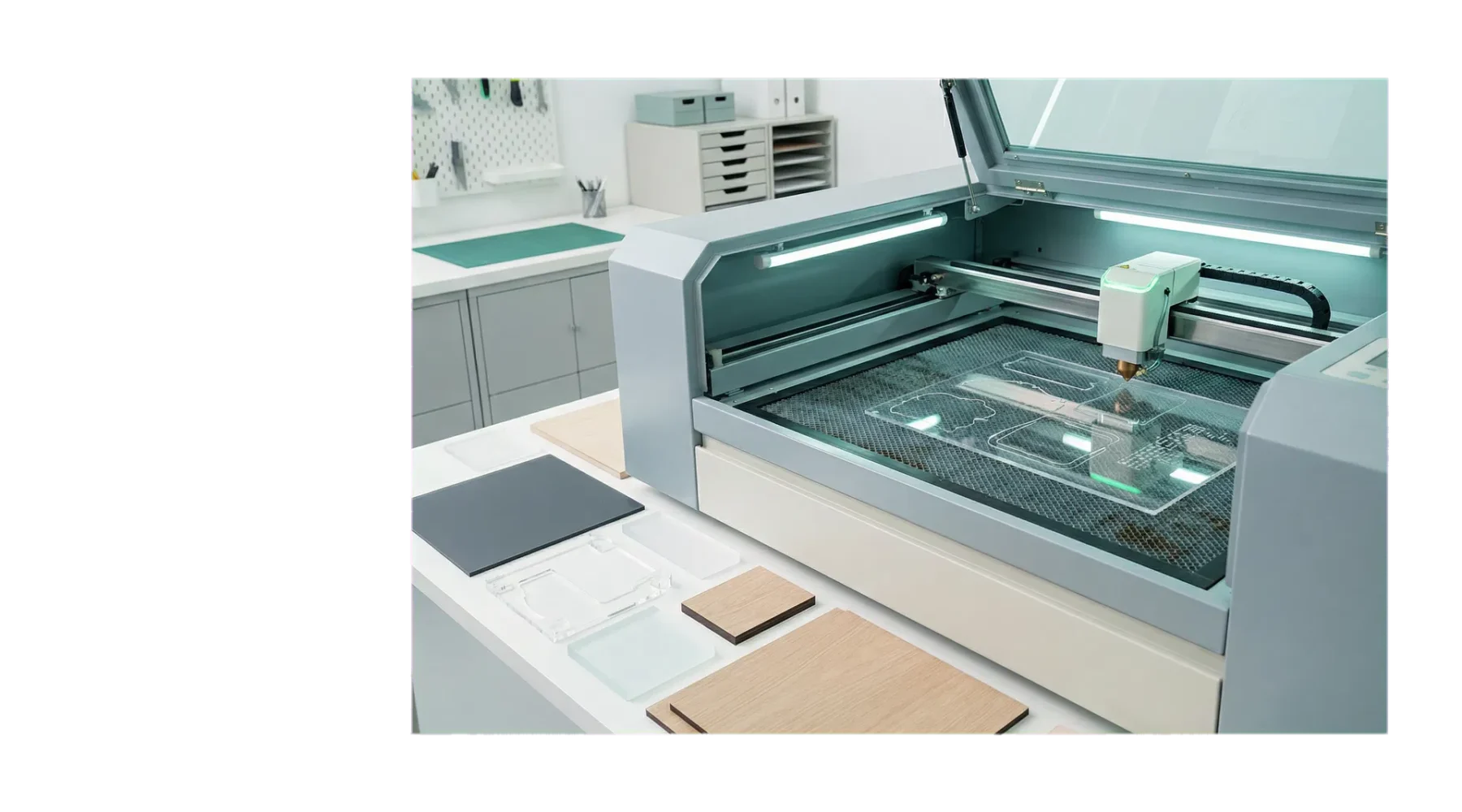 Helle CO2-Laserbearbeitung von Acryl, Kunststoffen und Holz in einer präzisen Werkstattumgebung