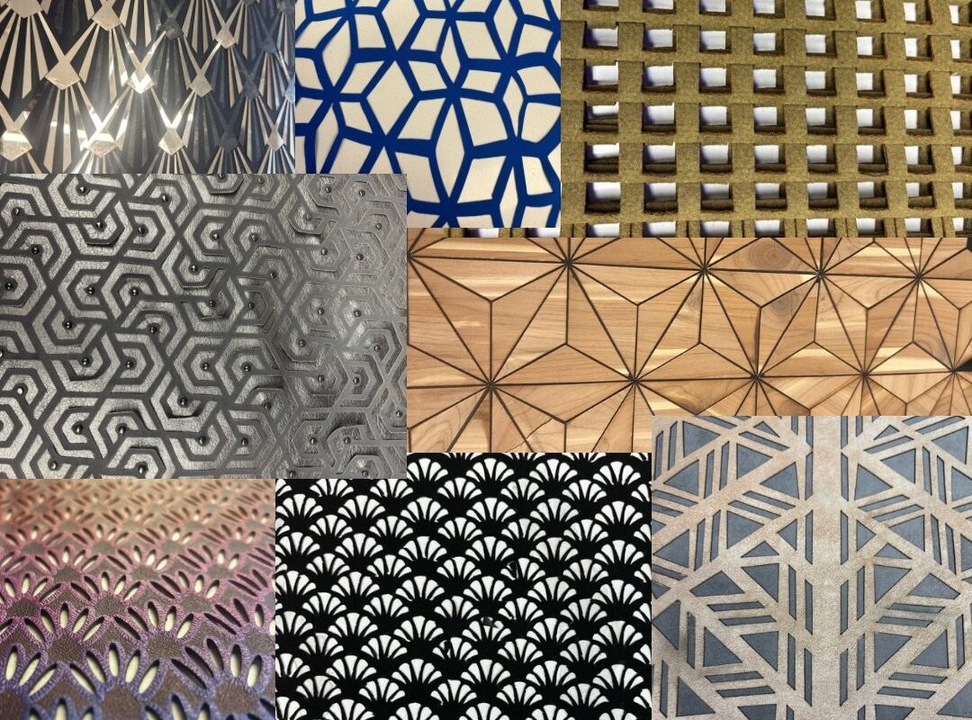 Collage verschiedener CO2-Lasercut-Muster auf Holz, Acryl und beschichteten Materialien – CAESS Laser